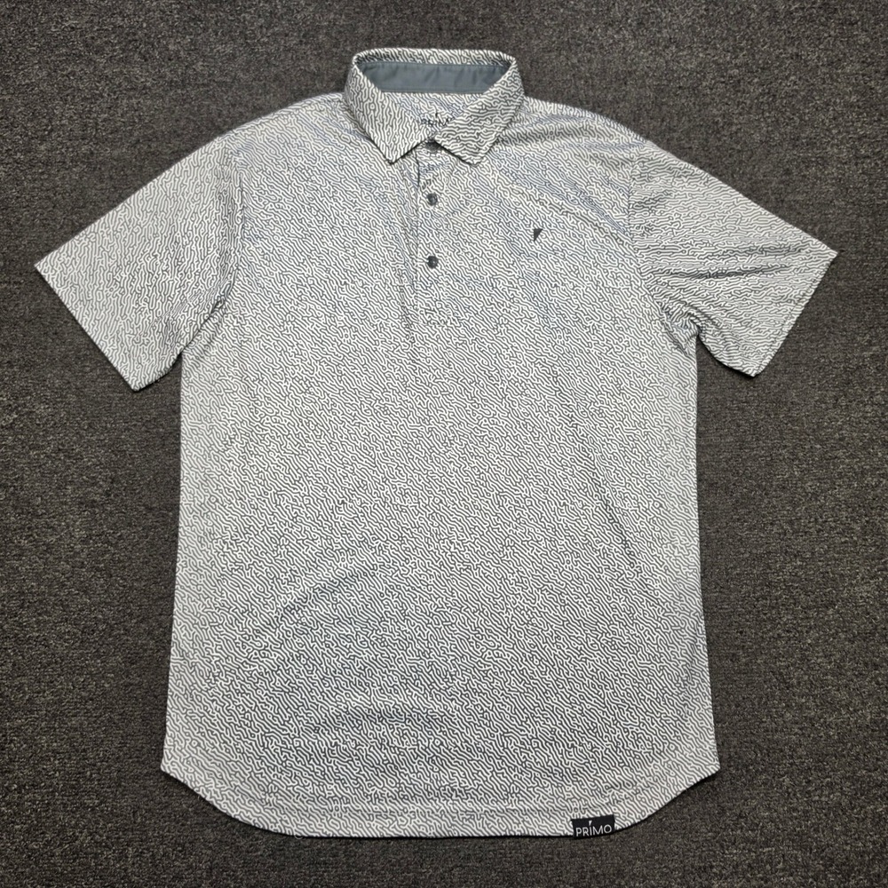 Primo Golf Polo Shirt Grey White Mens Medium Topographic Print Short Sleeve